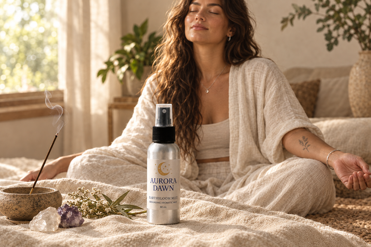 Earthbloom Mist meditation lifestyle image with a woman, crystals, and incense