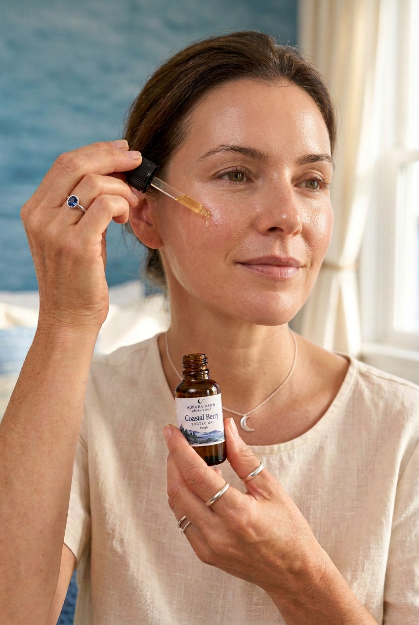 Younger woman with luminous glowing skin applying Coastal Berry facial oil